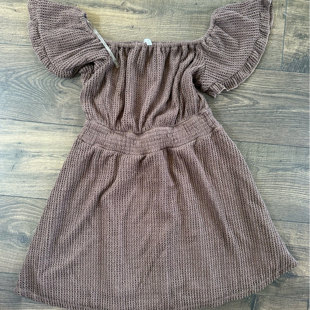 Girls Brown Knit Puff-Sleeve Dress